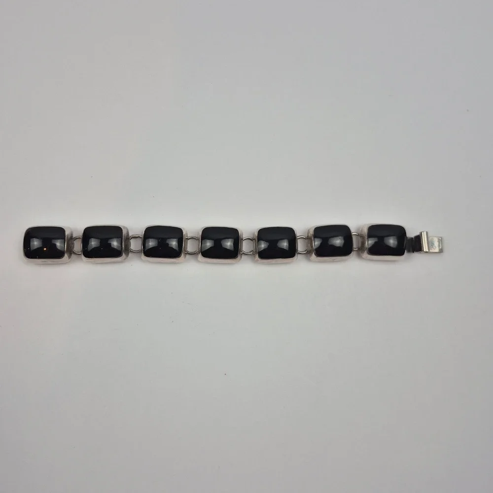 VTG Taxco Sterling Silver Black Onyx Bracelet TZ-17 925 68g Chunky‎ Mexico 6.5